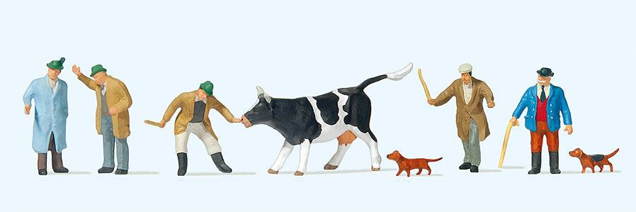 Preiser 10048 Cattle Traders (5) with Dogs (2) & Cow Exclusive Figure Ser HO