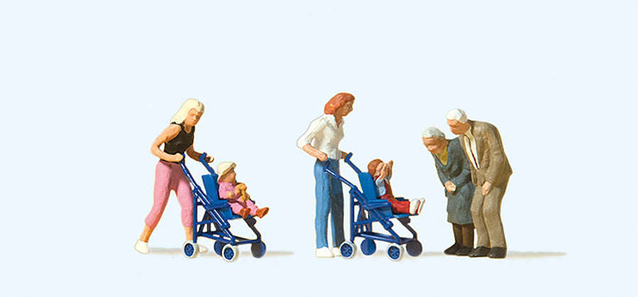 Preiser 10493 Mothers w/Buggies (2) & Elderly Couple Exclusive Figure Set HO