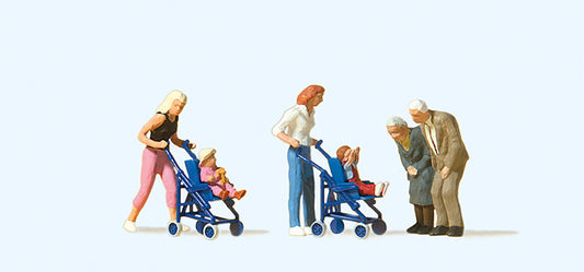 Preiser 10493 Mothers w/Buggies (2) & Elderly Couple Exclusive Figure Set HO