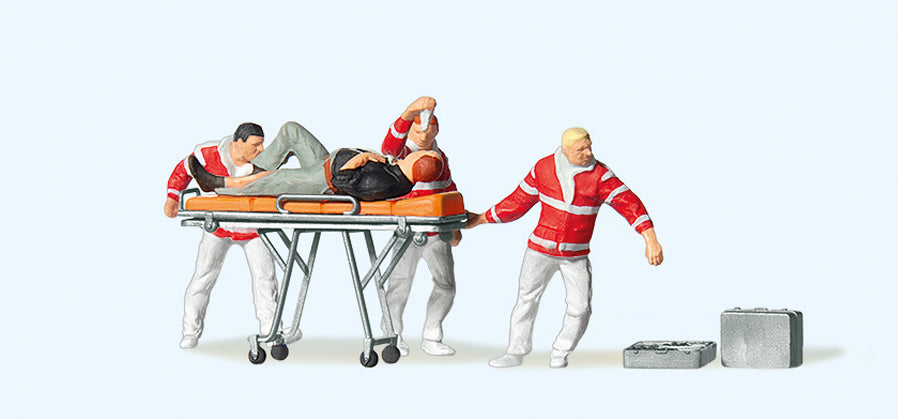 Preiser 10532 Paramedics (3) with Injured on Trolley Exclusive Figure Set HO