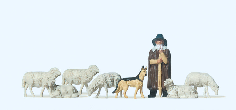 Preiser 14160 Shepherd with Flock (8) Standard Figure Set HO