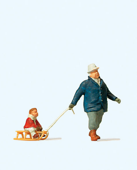 Preiser 28078 Man Towing Sledge with Child Figure HO