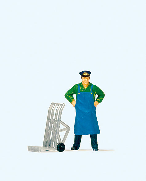 Preiser 28125 Porter Standing with Luggage Cart Figure HO