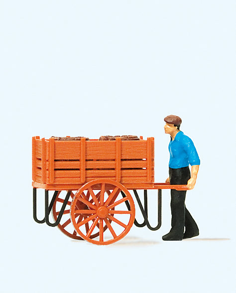 Preiser 28131 Worker with Hand Cart (Barrel Load) Figure HO