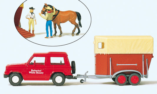 Preiser 33243 Mitsubishi Pajero with Horse Trailer Scene Figure Set HO