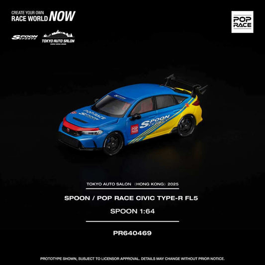 Pop Race Spoon Civic Type-R FL5 Spoon Yellow/Blue Tokyo 1:64 DiecastModel 640469