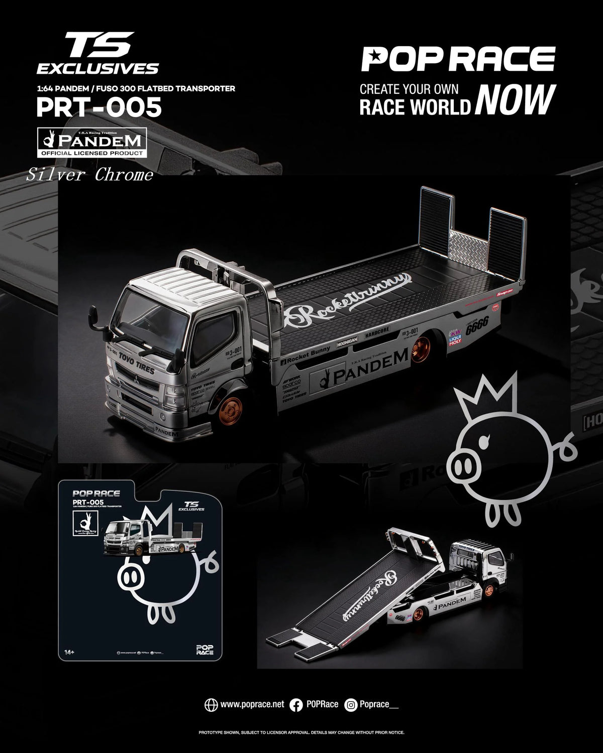 Pop Race Pandem Fuso 300 Flatbed Transporter Silver 1:64 Diecast Model PR64RT005