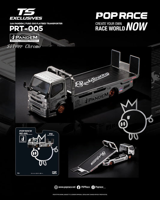 Pop Race Pandem Fuso 300 Flatbed Transporter Silver 1:64 Diecast Model PR64RT005
