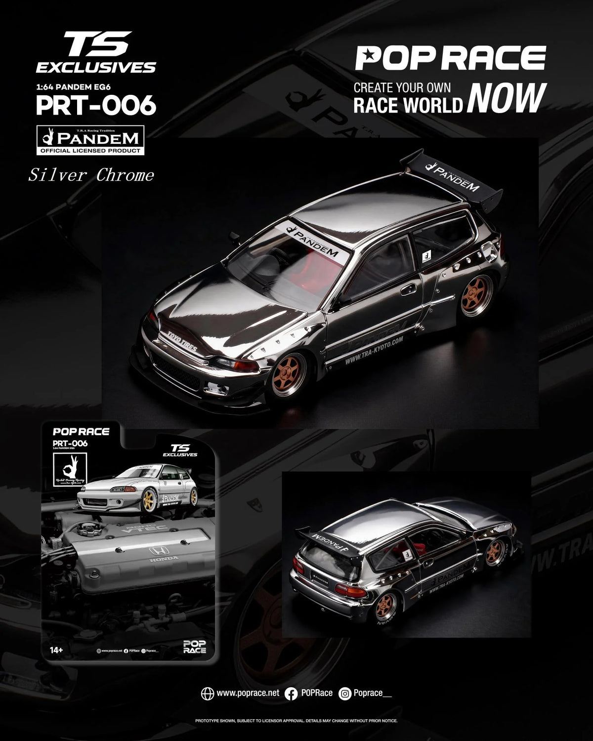 Pop Race Pandem EG6 Silver Chrome 1:64 Diecast Model PR64RT006