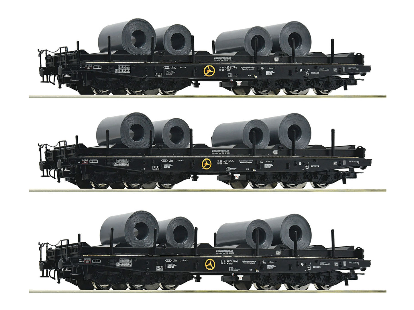 Roco DB Sahs Heavy Duty Flat Wagon w/Coil Load Set (3) IV HO Gauge RC76002