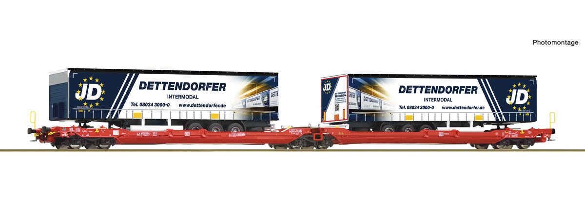 Roco DBAG Sdggmrs/T3000e Flat Wagon w/Dettendorfer Trailers VI RC77404 HO Gauge