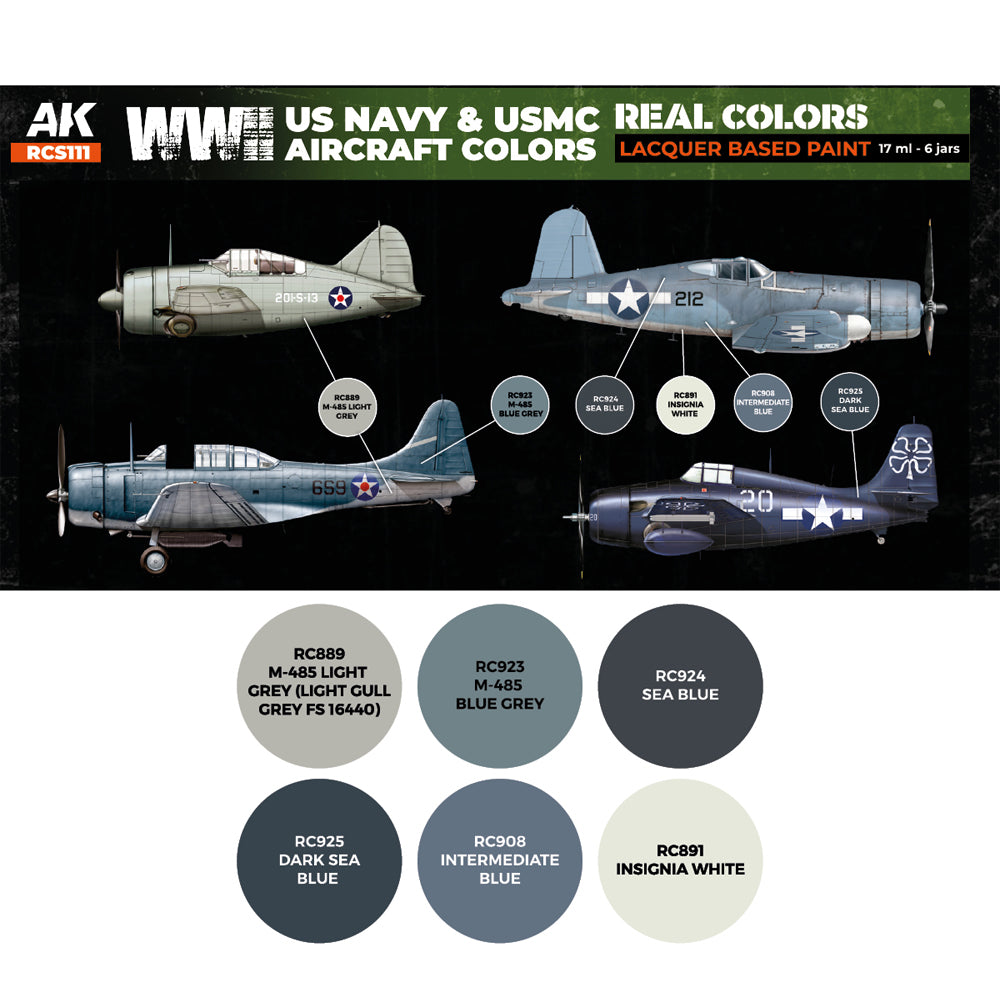 AK Interactive RCS111 WWII USN & USMC Aircraft Colours Lacquer-Based Paint Set