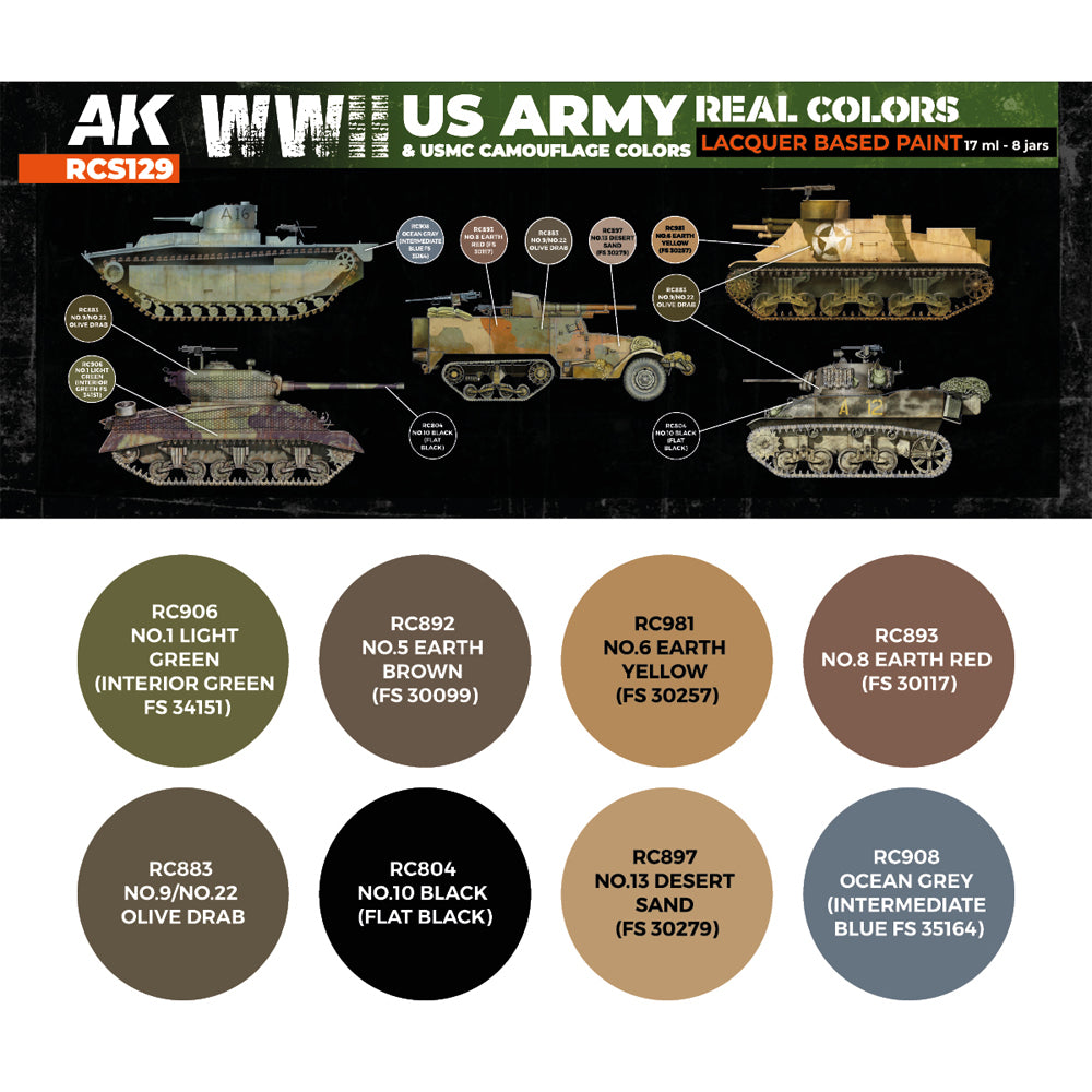 AK Interactive RCS129 WWII US Army & USMC Camouflage Lacquer-Based Paint Set