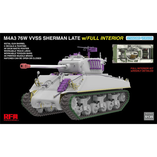 Ryefield Models 5135 M4A3 76W VVSS Sherman Late w/Interior Stand. 1:35 Model Kit