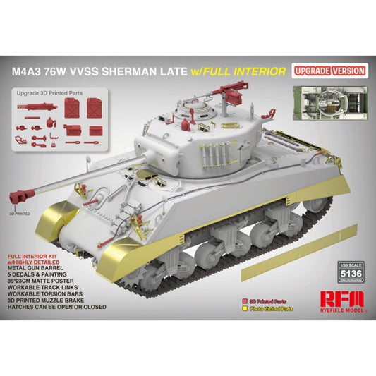 Ryefield Models 5136 M4A3 76W VVSS Sherman Late w/Interior Upgra. 1:35 Model Kit