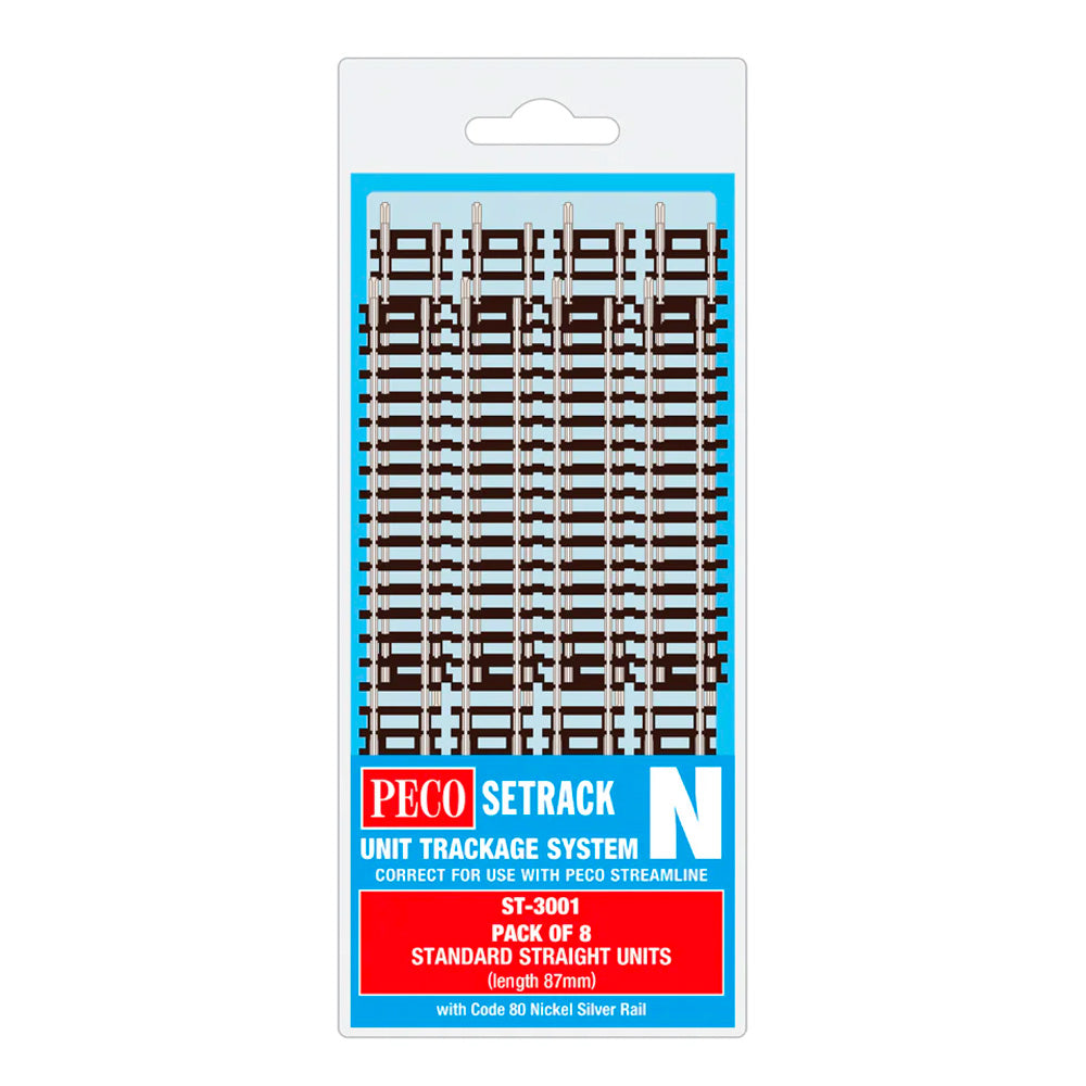 PECO ST-3001 Standard Straight 87mm long 8-Pack Code 80 Setrack N Gauge Track