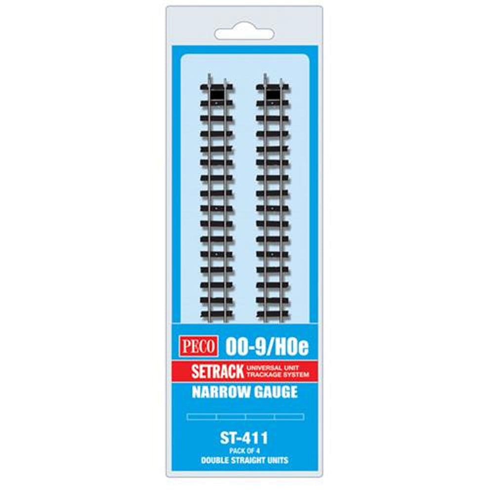 PECO ST-411 Setrack Double Straight 4-Pack OO9 Gauge