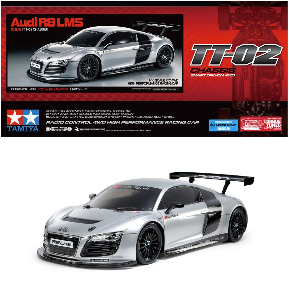 Tamiya 47517 Audi R8 LMS 2008 Silver Painted Body TT-02 :10 RC Car Assemby Kit