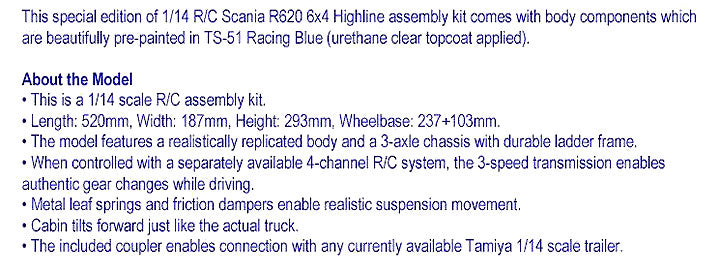 TAMIYA RC 56327 Scania R620 Blue Edition Ltd 1:14 Truck Assembly Kit
