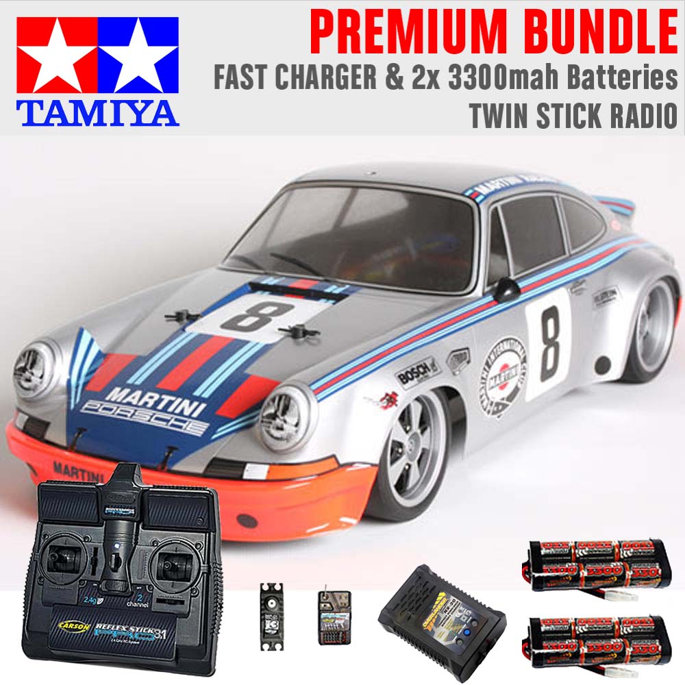TAMIYA RC 58571 Porsche Carrera RSR Martini TT-02 1:10 Premium Stick Radio Bundle