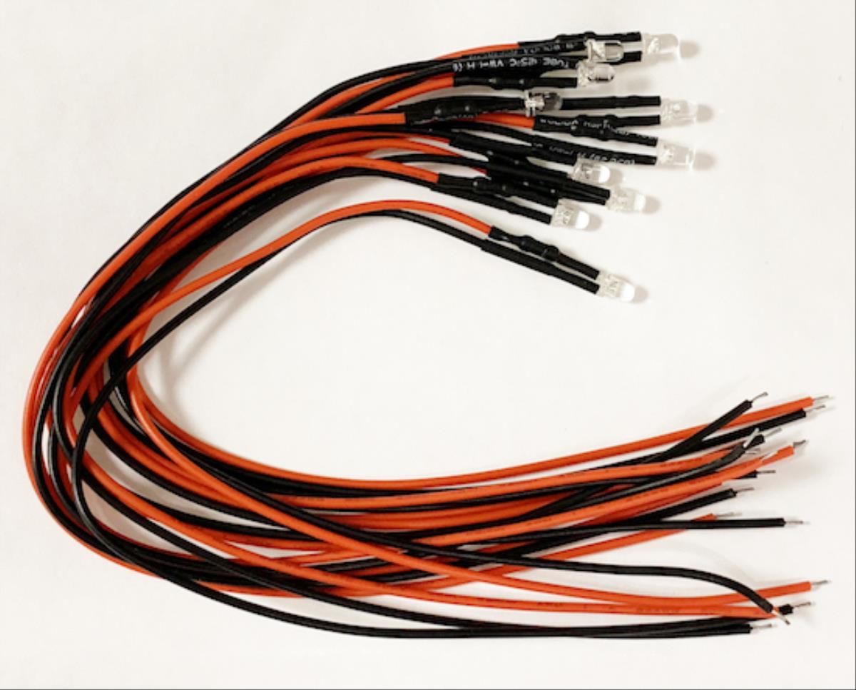 Train Tech LED Pack - 3mm Cool White 12v LED w/Wire & Resistors (10)