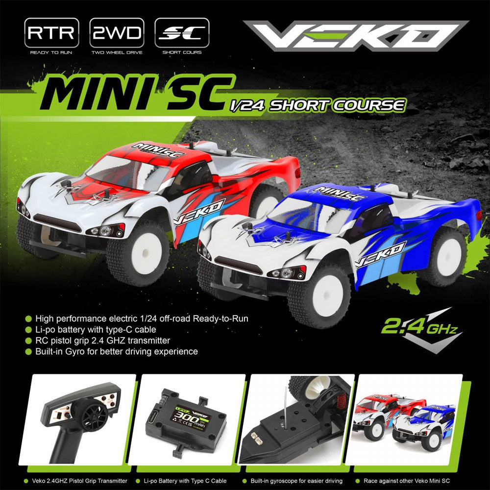 VEKO Mini SC 2WD RTR 1:24 Short Crouse Truck RC Car Toy w/Gyro - Blue