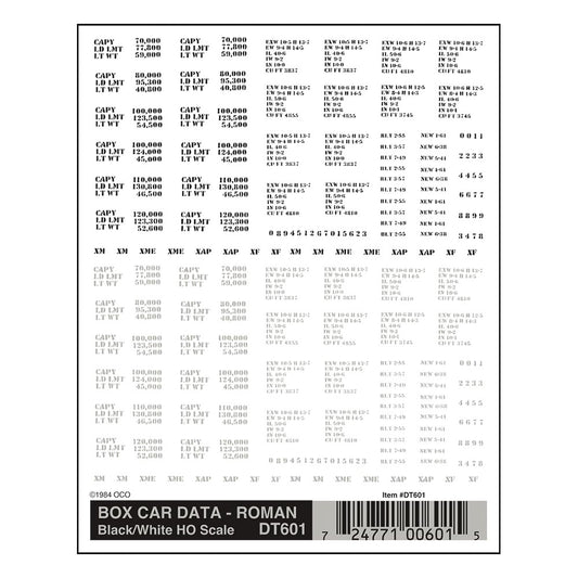 Woodland Scenics DT601 HO Box Car Data - Roman Black & White