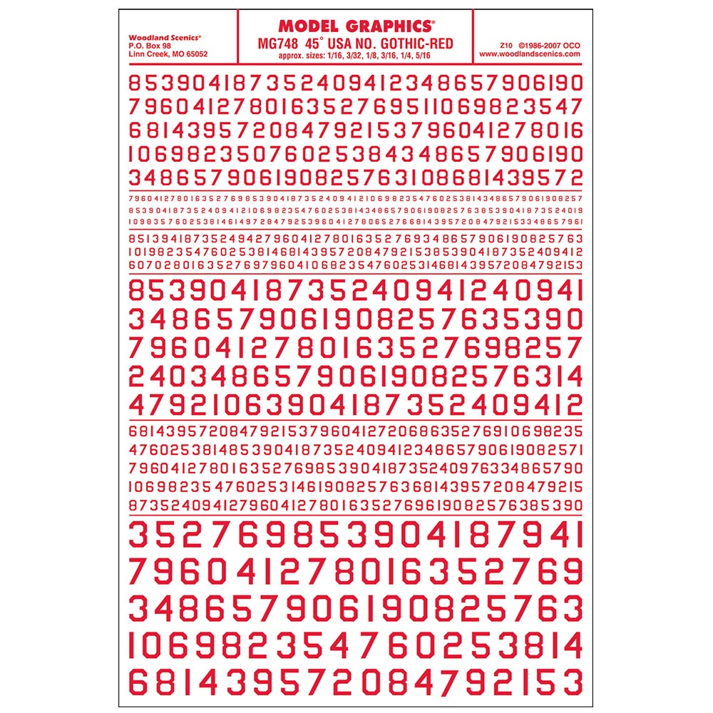 Woodland Scenics MG748 45° USA Gothic Numbers Red