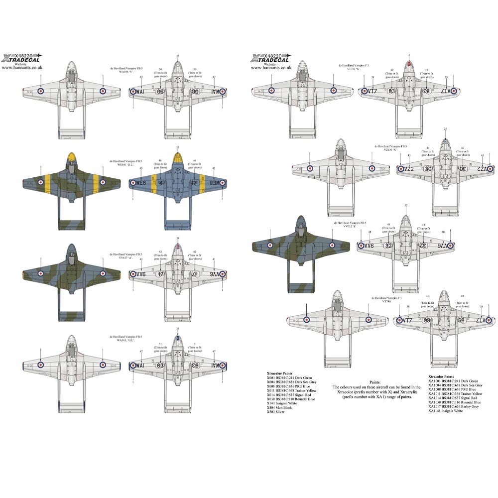 Xtradecal X48220 de Havilland Vampire F.3/FB.5 Collection 1:48 RAF 1950s
