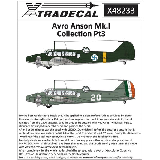 Xtradecal 48233 Avro Anson MkI Collection Pt 3 1:48 Kit Decals Airfix A09191
