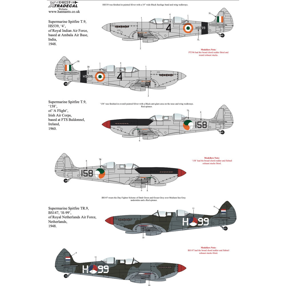 Xtradecal 48259 Supermarine Spitfire T.9 Collection 1:48 Model Kit Decals