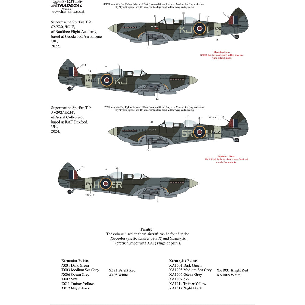 Xtradecal 48259 Supermarine Spitfire T.9 Collection 1:48 Model Kit Decals