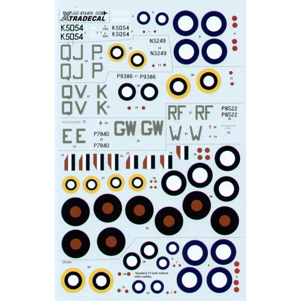Xtradecal 72075 Spitfire Mk.I/MK.II 1:72 Model Kit Decals