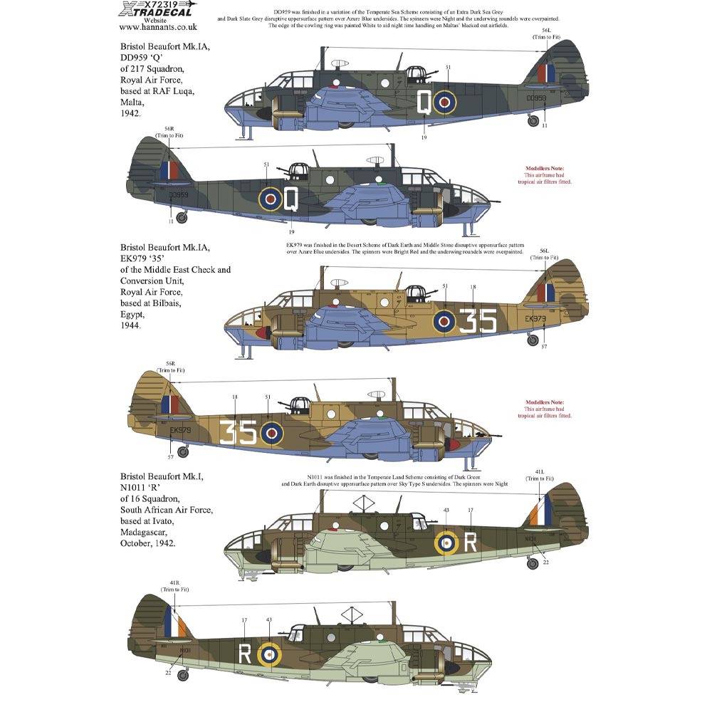 Xtradecal X72319 Decal Set for 1:72 Airfix Bristol Beaufort A04021 - 16 Options