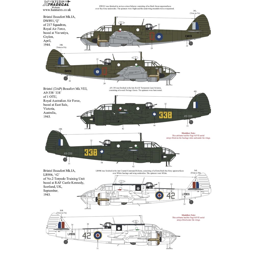 Xtradecal X72319 Decal Set for 1:72 Airfix Bristol Beaufort A04021 - 16 Options