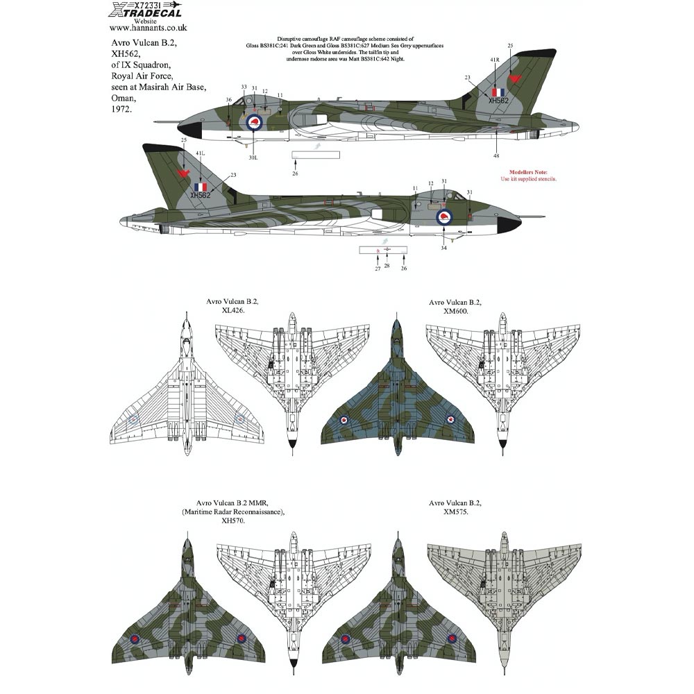 Xtradecal X72331 1:72 Decal Sets for Avro Vulcan A12011 - 7 Decal Sets