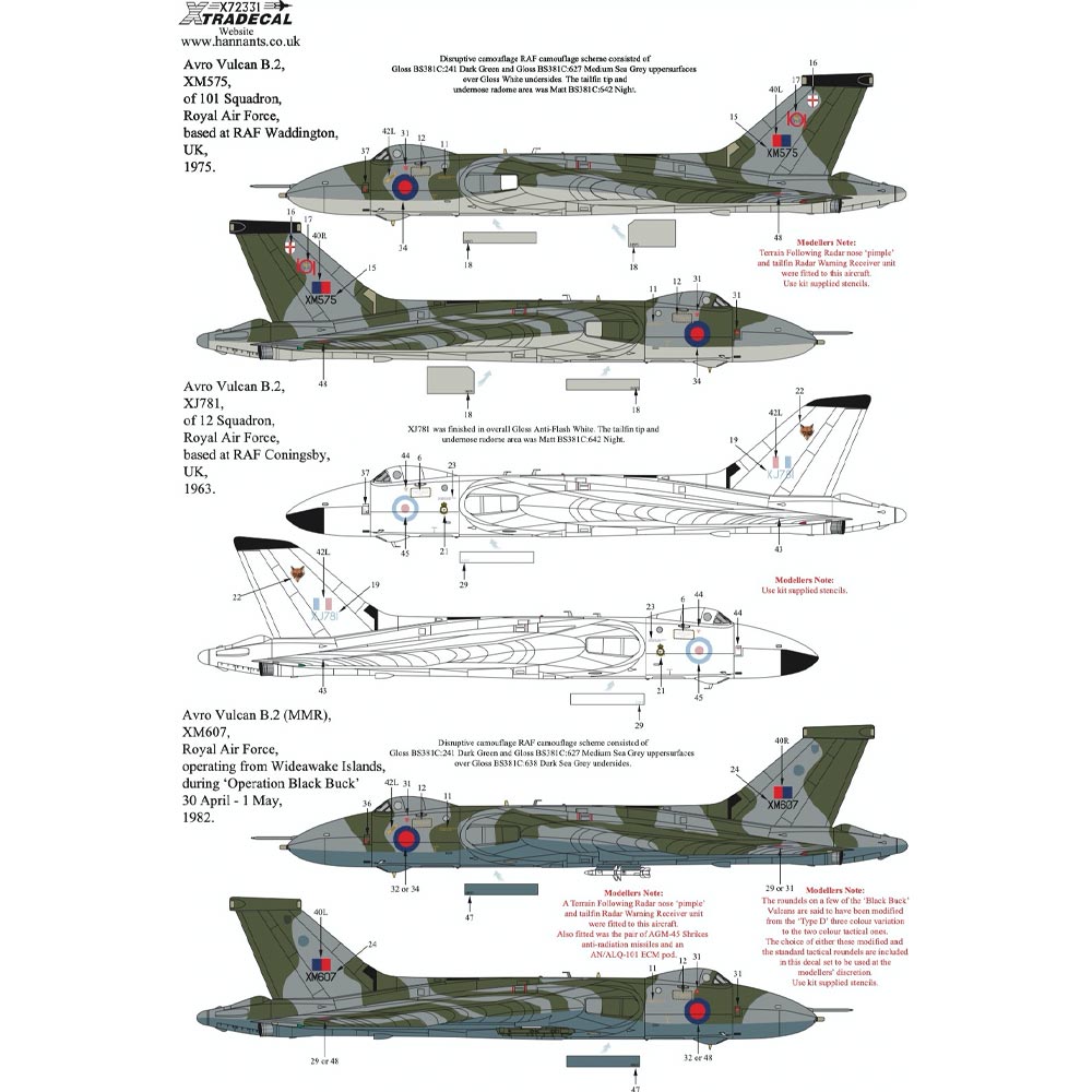 Xtradecal X72331 1:72 Decal Sets for Avro Vulcan A12011 - 7 Decal Sets