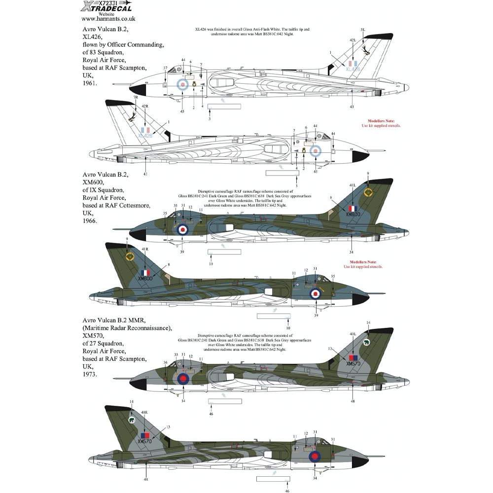 Xtradecal X72331 1:72 Decal Sets for Avro Vulcan A12011 - 7 Decal Sets