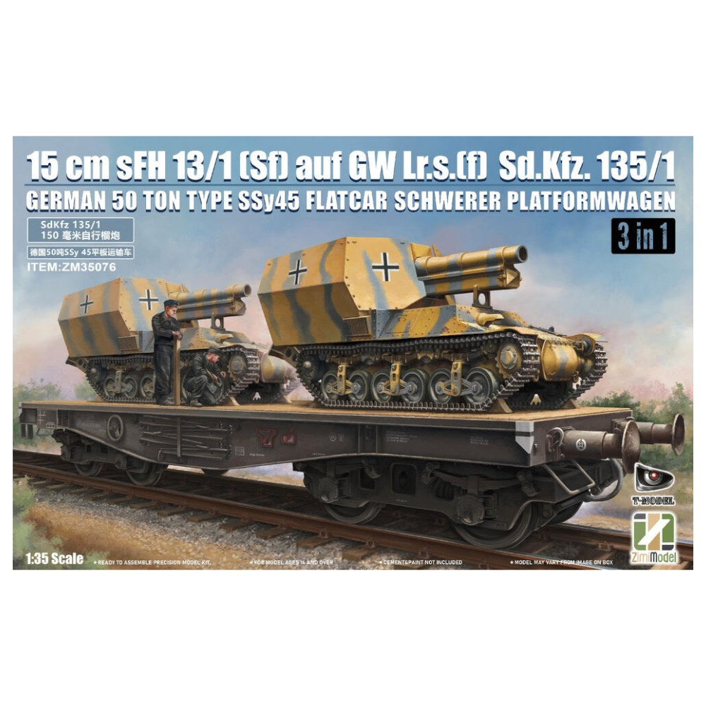 Zimi Model 35076 Sd.Kfz.135/1 sFH 13/1 + SSy45 Flatcar (3-in-1) 1:35 Model Kit