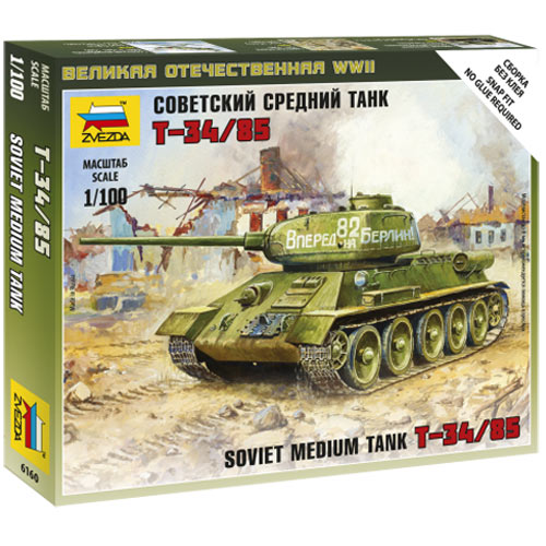 Zvezda 6160 Soviet Medium Tank T-34/85 Snap Fit 1:100 Military Model Kit