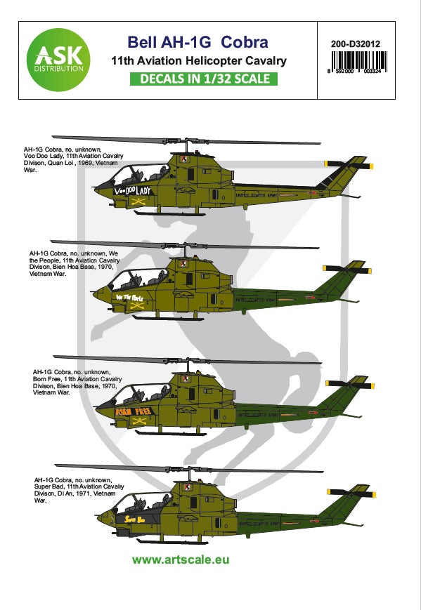 Art Scale 200-D32012 1:32 Bell AH-1G Cobra 11th Aviation Cavalry Decals (4)