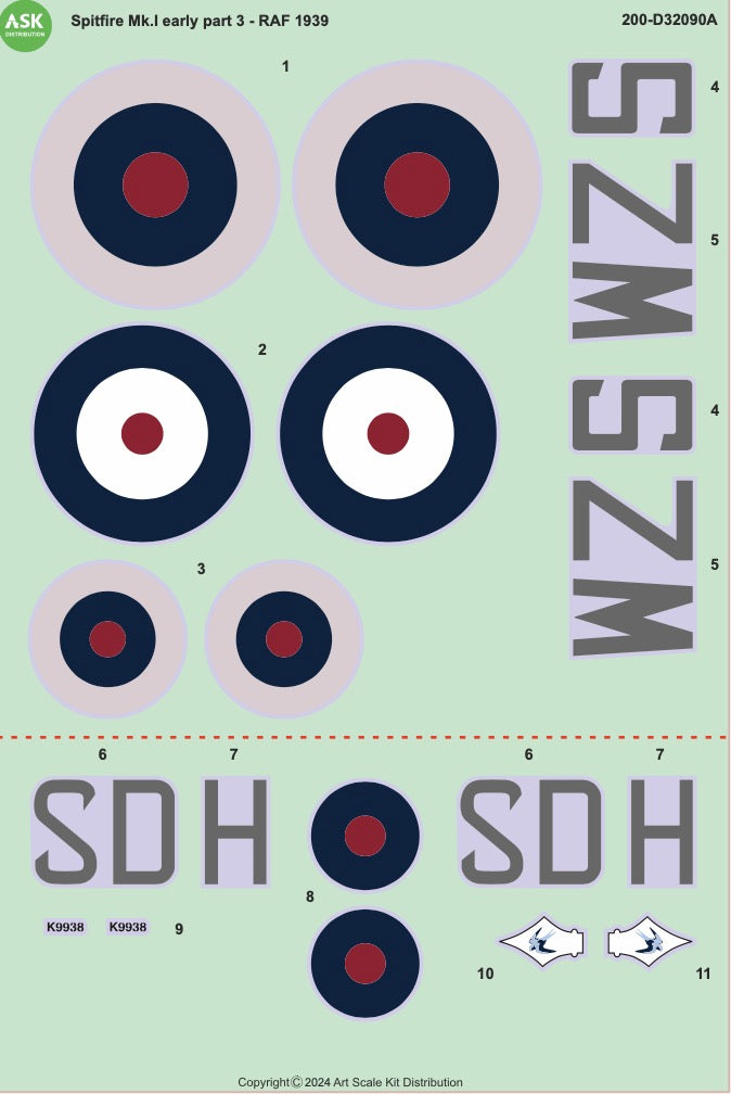 Art Scale 200-D32090 1:32 Supermarine Spitfire Mk.I Decal Markings Sheet