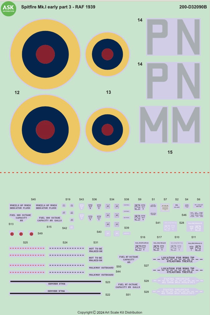 Art Scale 200-D32090 1:32 Supermarine Spitfire Mk.I Decal Markings Sheet