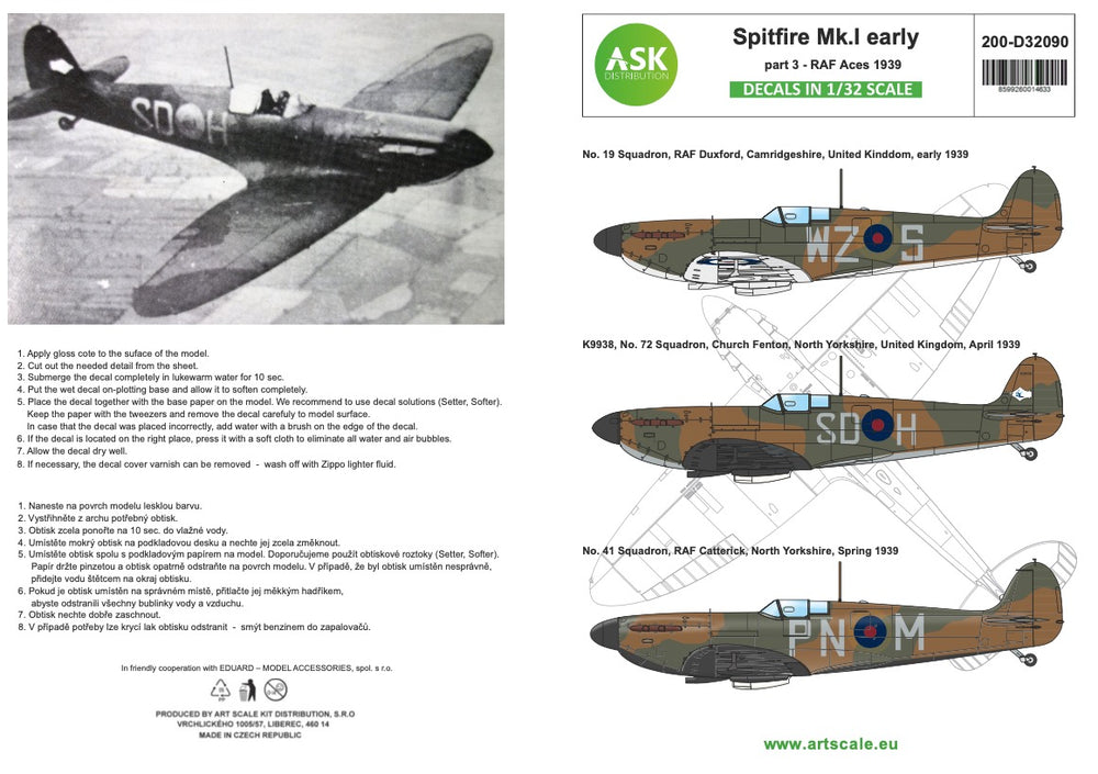 Art Scale 200-D32090 1:32 Supermarine Spitfire Mk.I Decal Markings Sheet