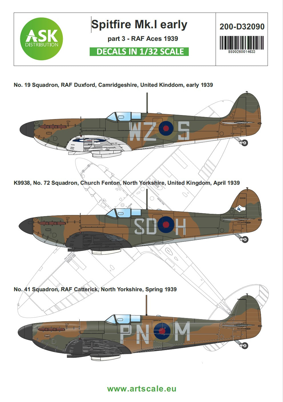 Art Scale 200-D32090 1:32 Supermarine Spitfire Mk.I Decal Markings Sheet