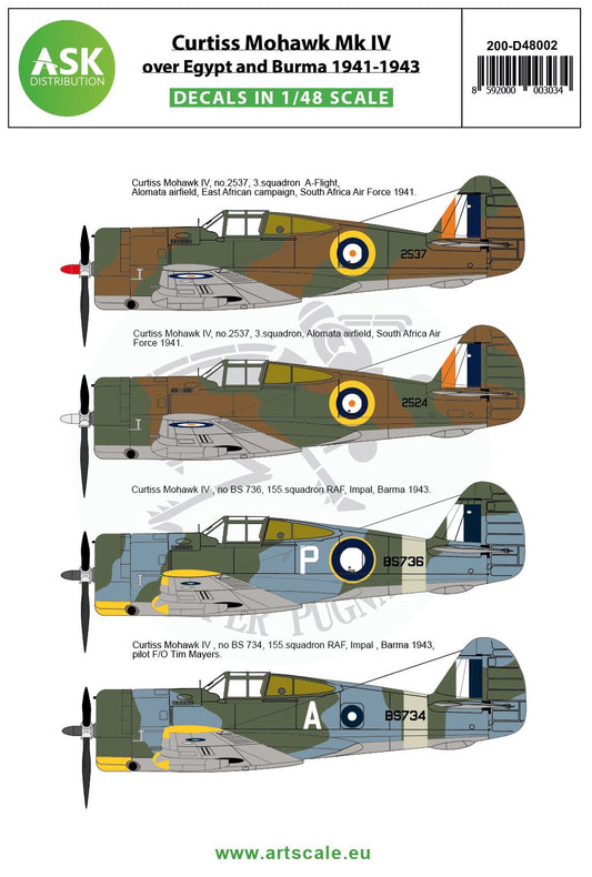 Art Scale 200-D48002 1:48 Curtiss Mohawk IV over Egypt and Burma 1941-1943