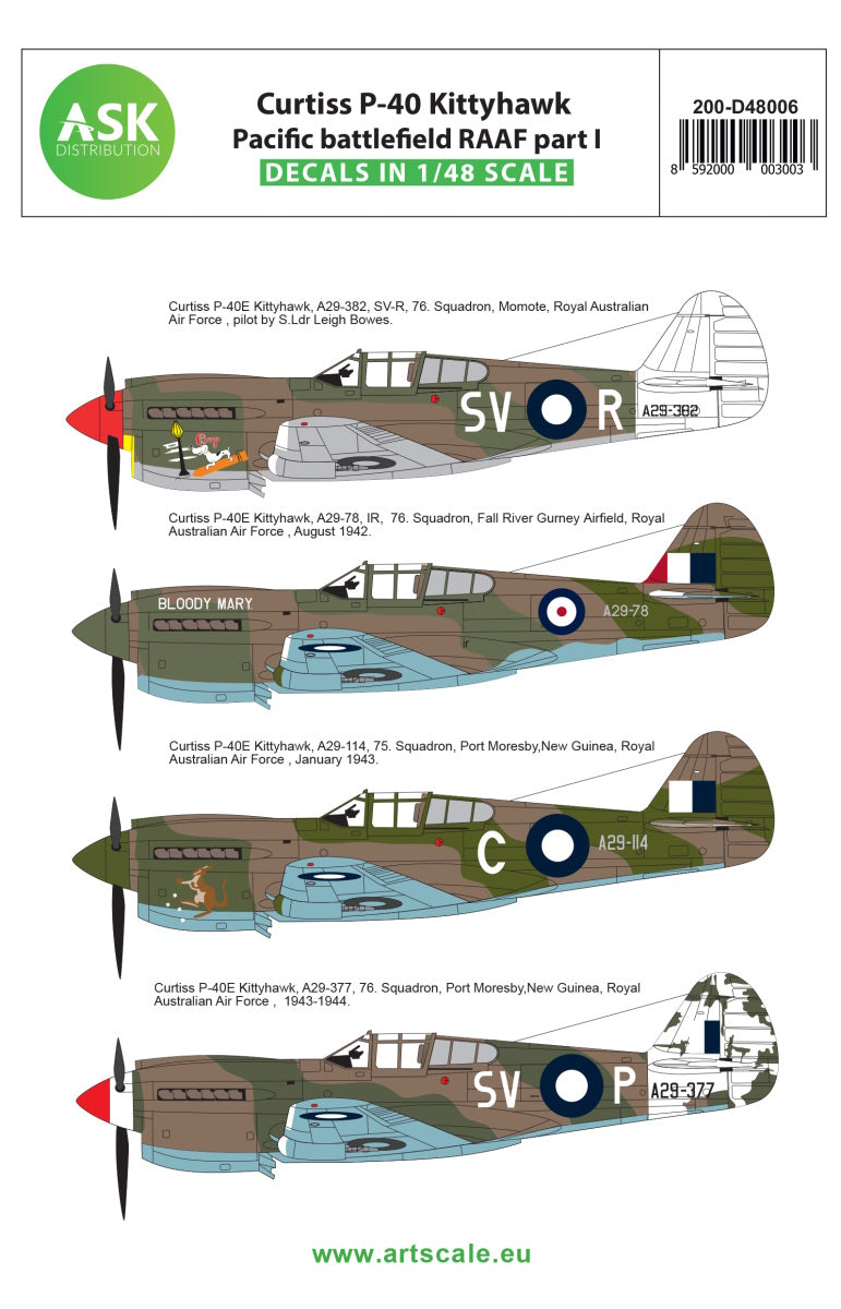 Art Scale 200-D48006 1:48 Curtiss P-40E Kittyhawk RAAF Pacific Part I