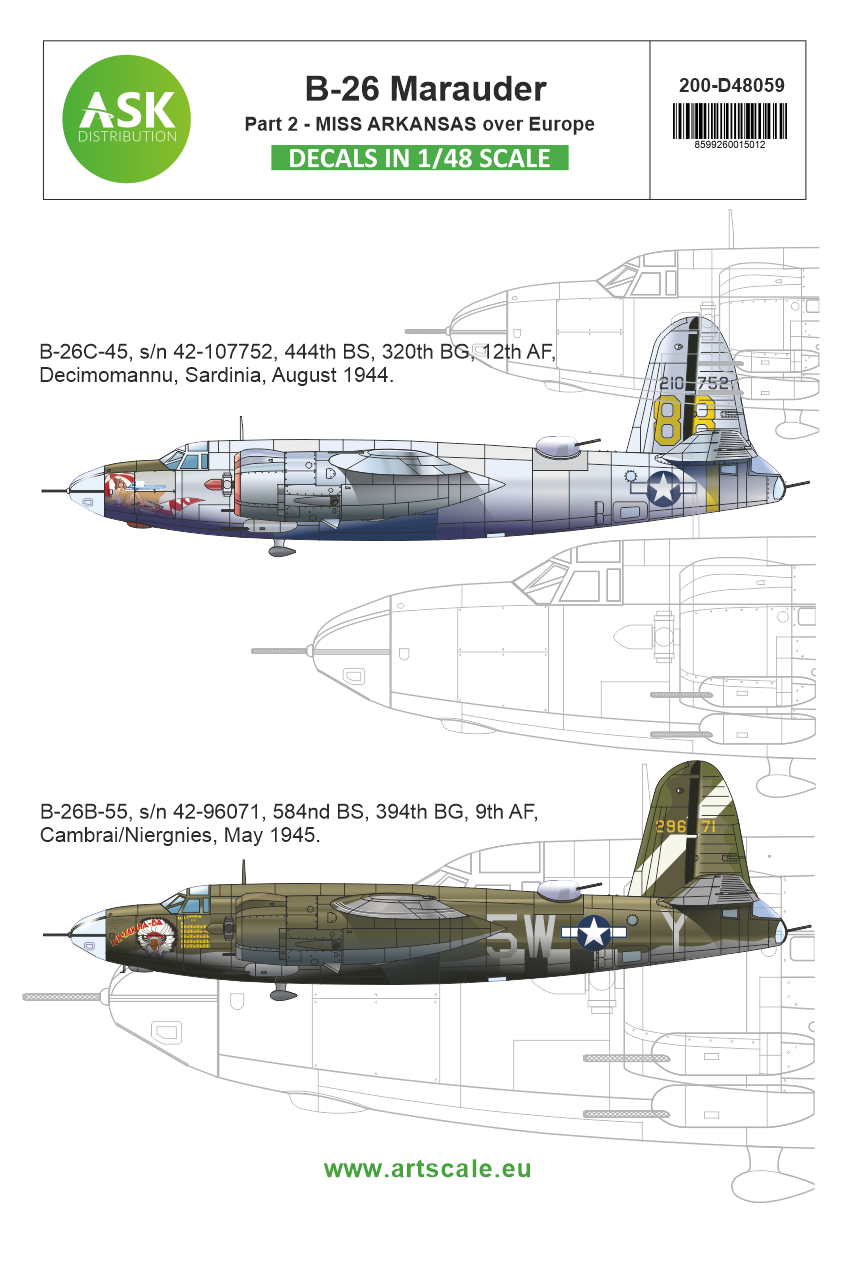 Art Scale 200-D48059 1:48 Martin B-26B Marauder Part 2 444th BS Decals