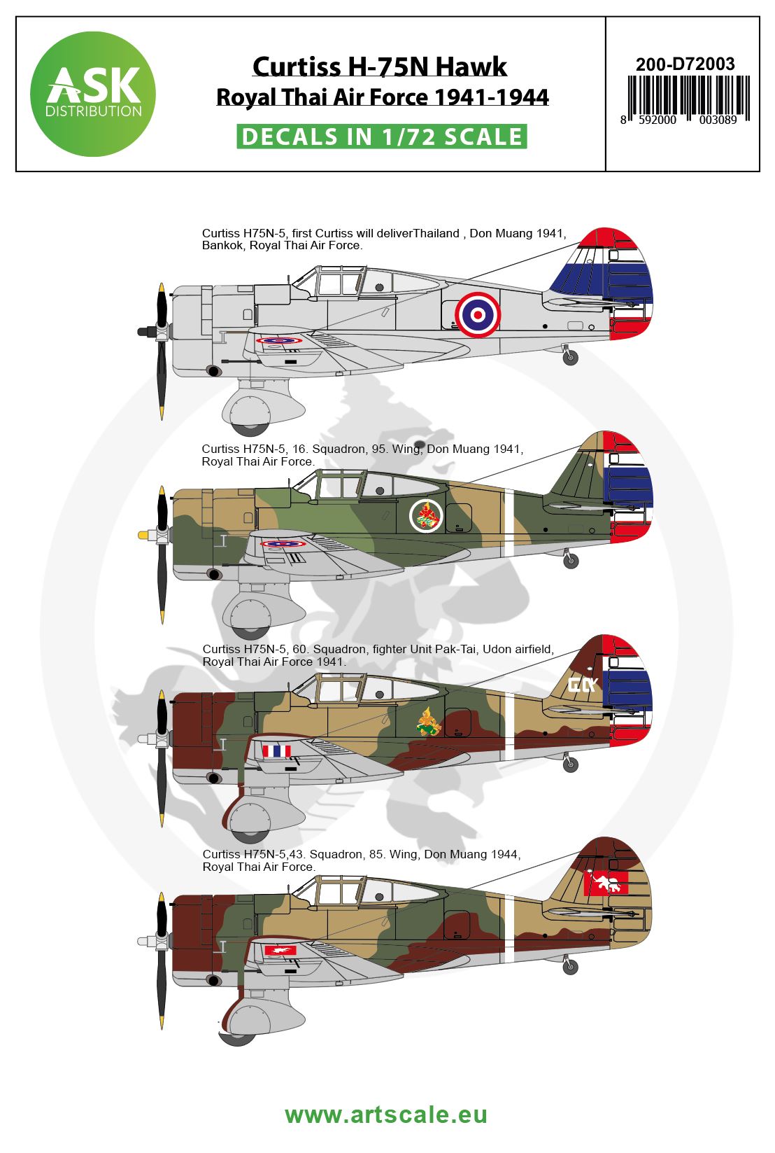Art Scale 200-D72003 1:72 Curtiss H-75N Hawk Royal Thai Air Force 1941-1944