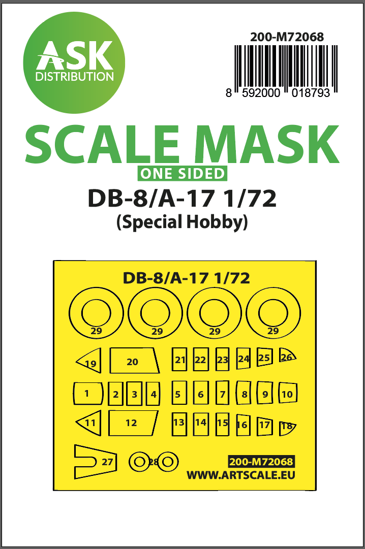 Art Scale 200-M72068 1:72 Douglas DB-8/A-17 wheels and canopy frame paint masks